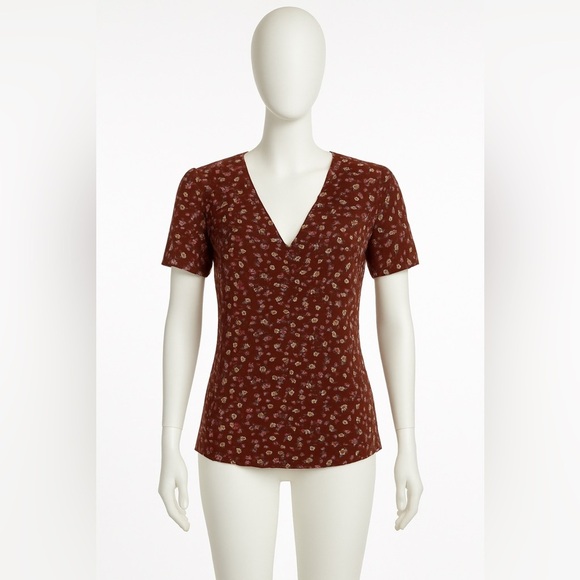 Sessun Rust Brown Floral Print V-neck Blouse Short Sleeve Size XS - Picture 1 of 9